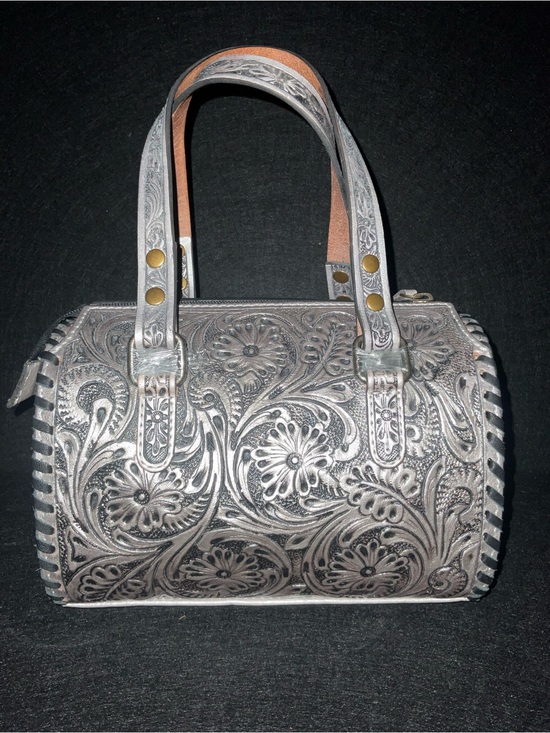 Handbags - Silver Small Tooled Western Floral Leather Speedy w/adjustable detachable strap